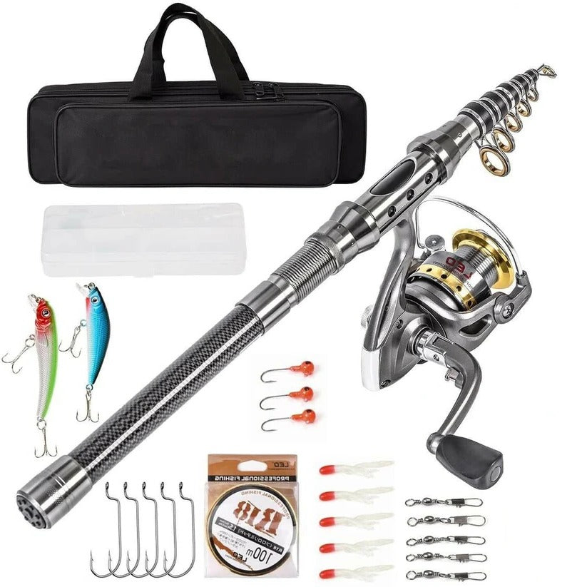 Telescopic Fishing Rod Kit with Spinning Reel and Tackle Bag, 5.9ft Carbon Fiber