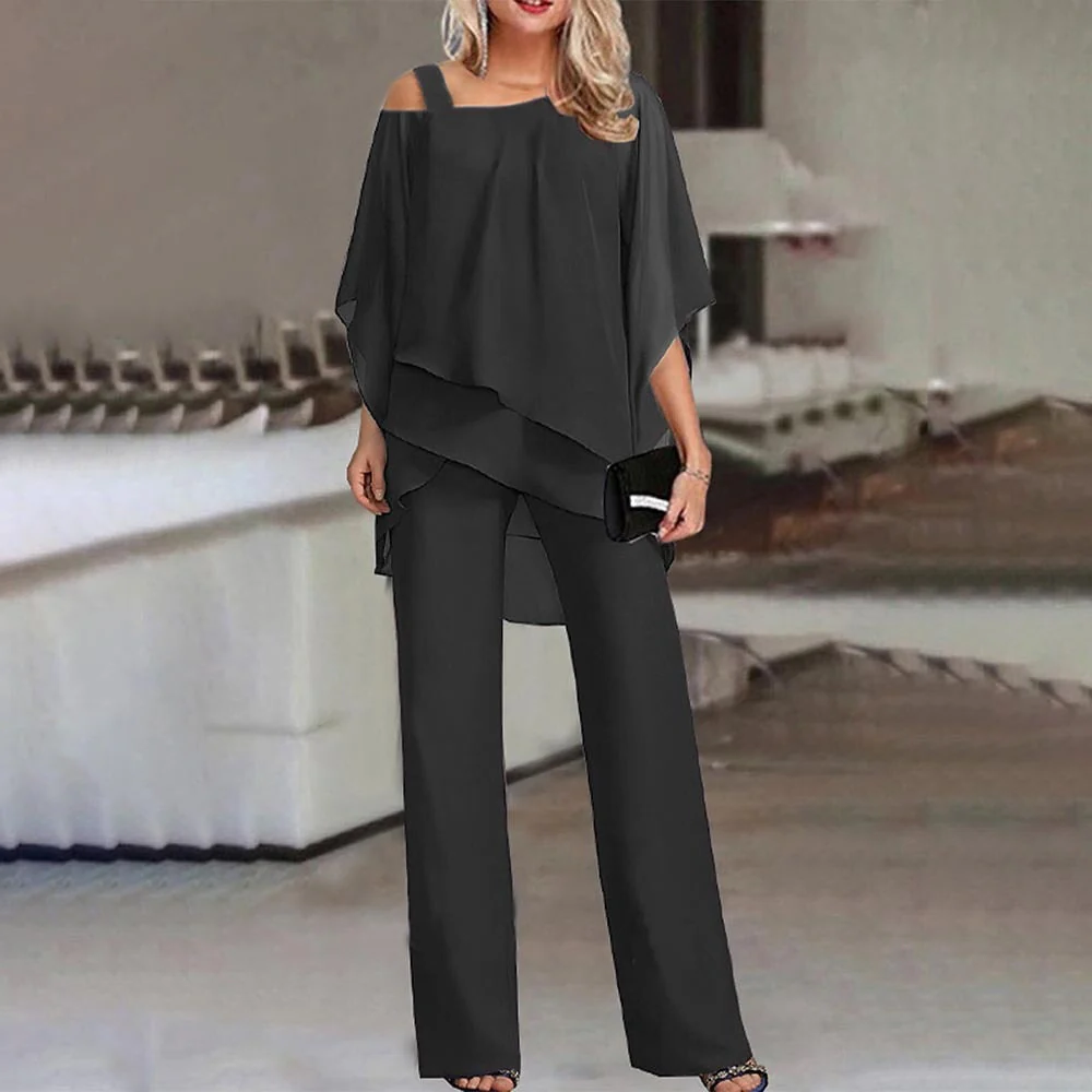 Women's Cold Shoulder Suit with Structured Seaming and Straight Leg Trousers