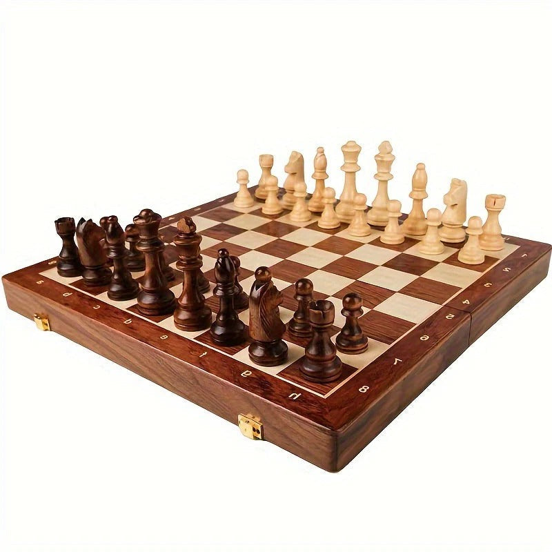 Brown Wooden Chess Set with 34 Pieces and Fixed Board, 15.7 Inch Square
