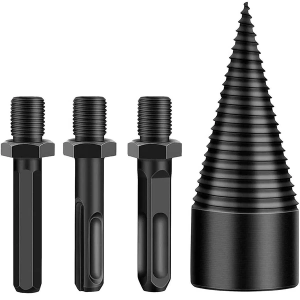 Wood Splitting Drill Bit with Threaded Design and High Carbon Steel, 3 Handle Adapters