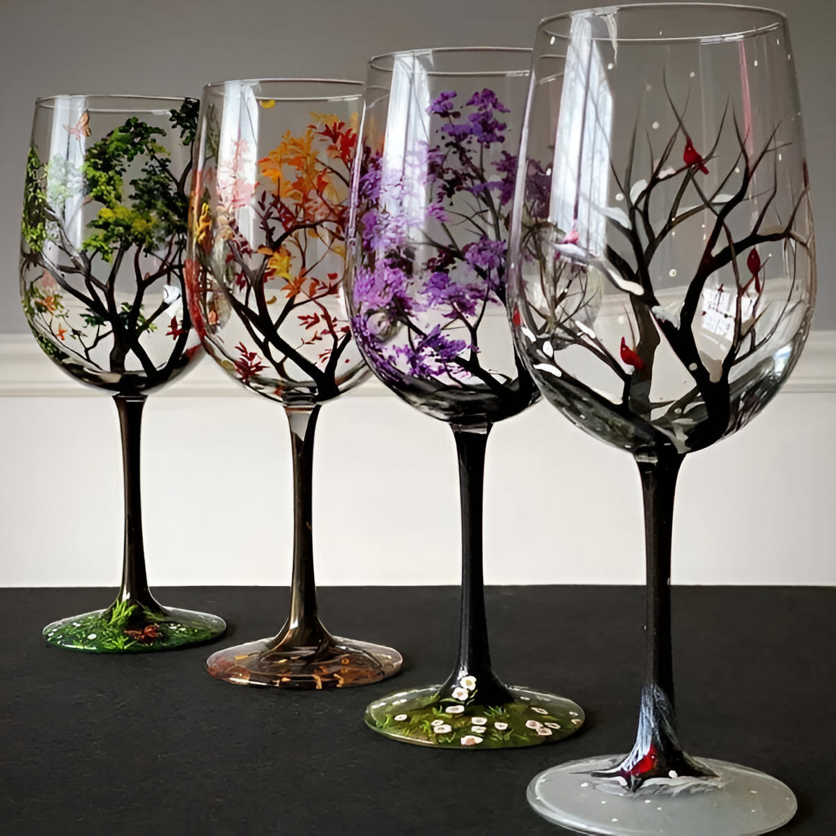 Hand Painted Wine Glasses with Seasonal Tree Design Set of 4