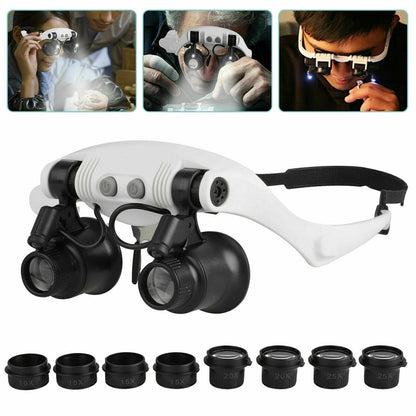 Headband Magnifier with 4 Interchangeable Lenses and LED Light, 10x-25x Magnification
