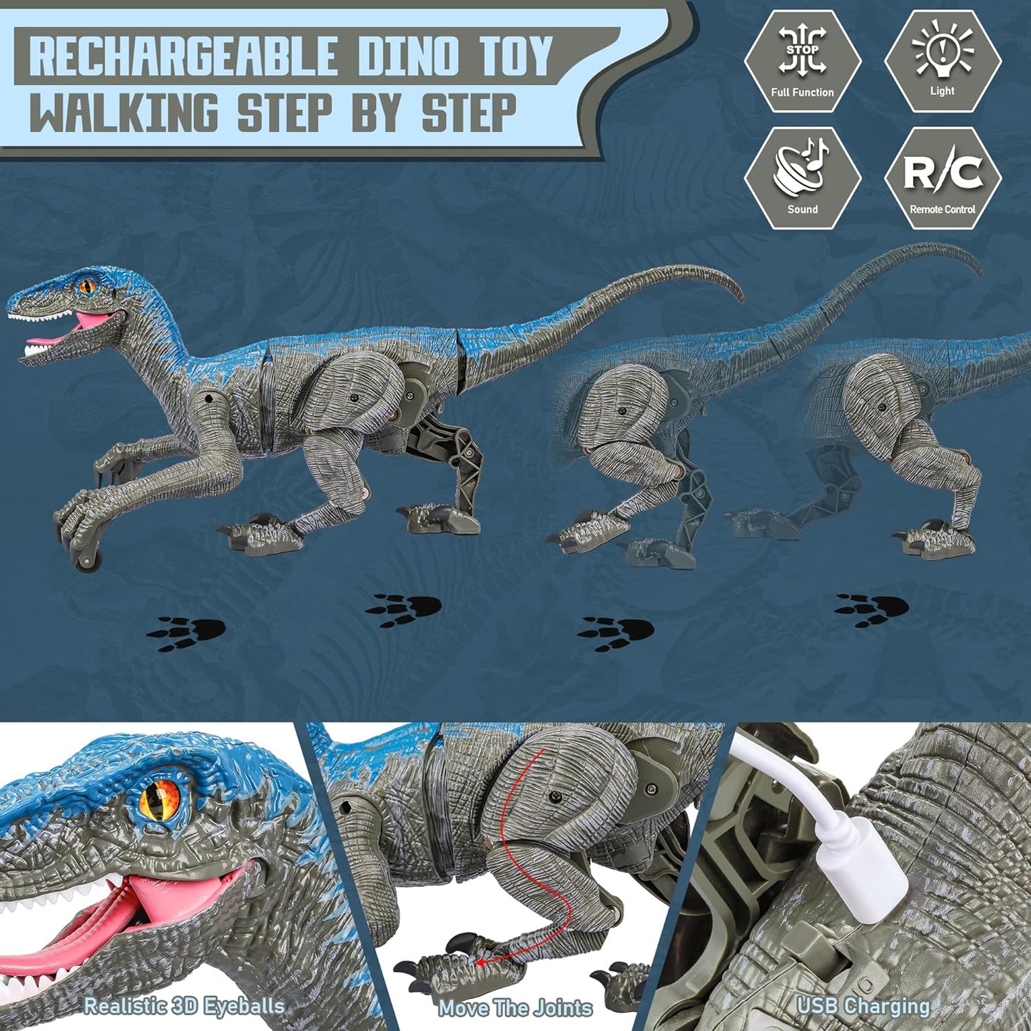 Walking Velociraptor Dinosaur Toy with Wireless Remote and Sound Effects
