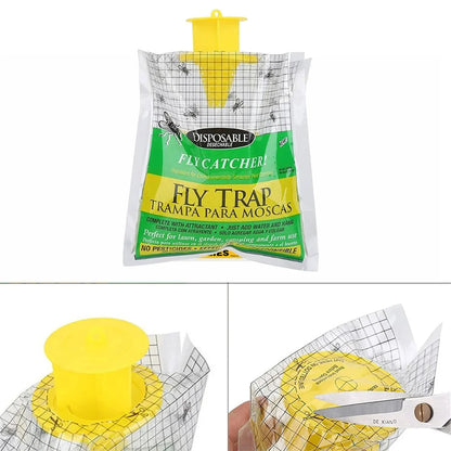 Disposable Fly Trap with Water-Activated Bait and Hanging Loop for Outdoor Use