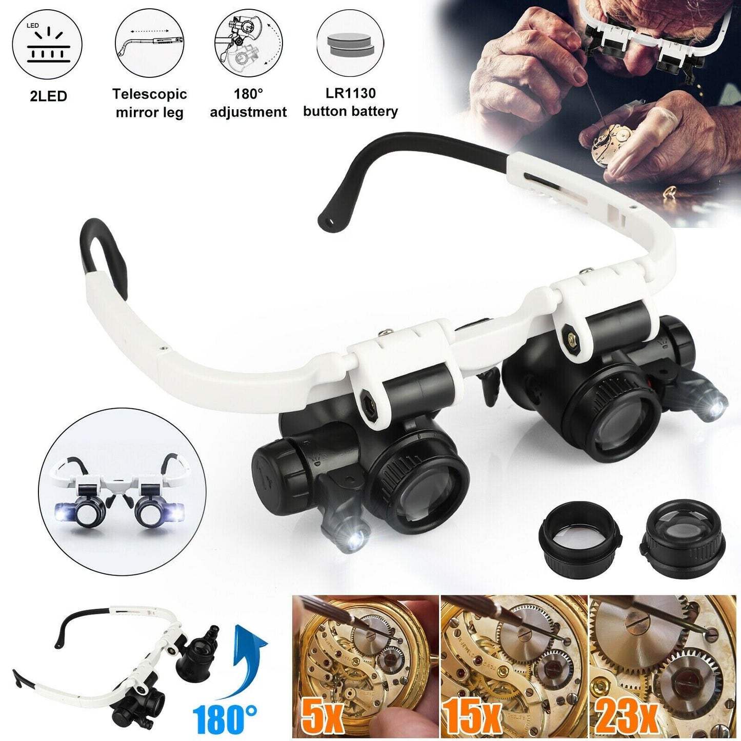 Headband Magnifier with 4 Interchangeable Lenses and LED Light, 10x-25x Magnification