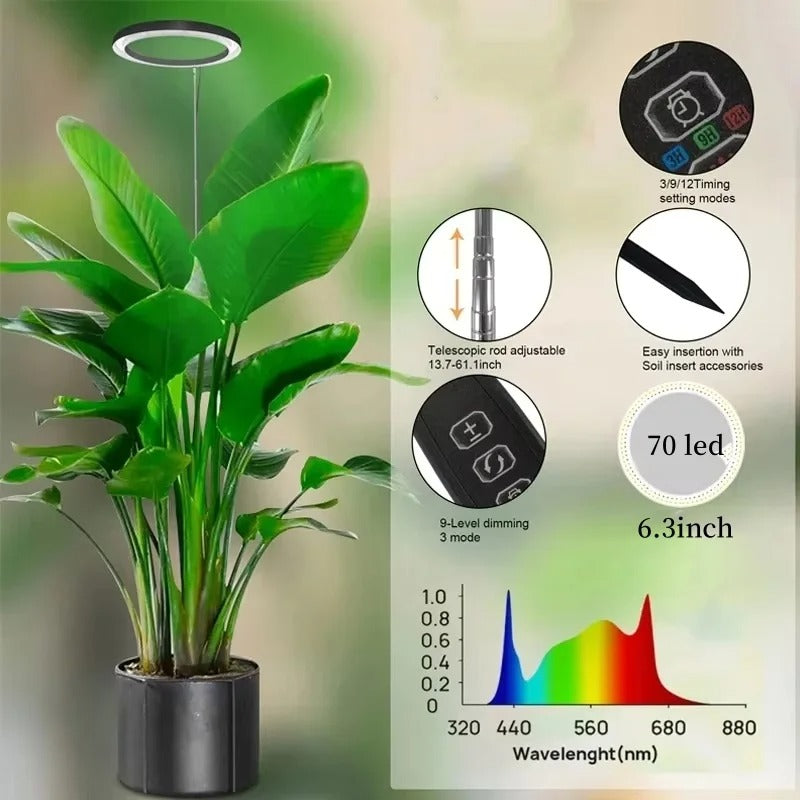 LED Ring Grow Light with Adjustable Height and 9 Brightness Levels for Indoor Plants