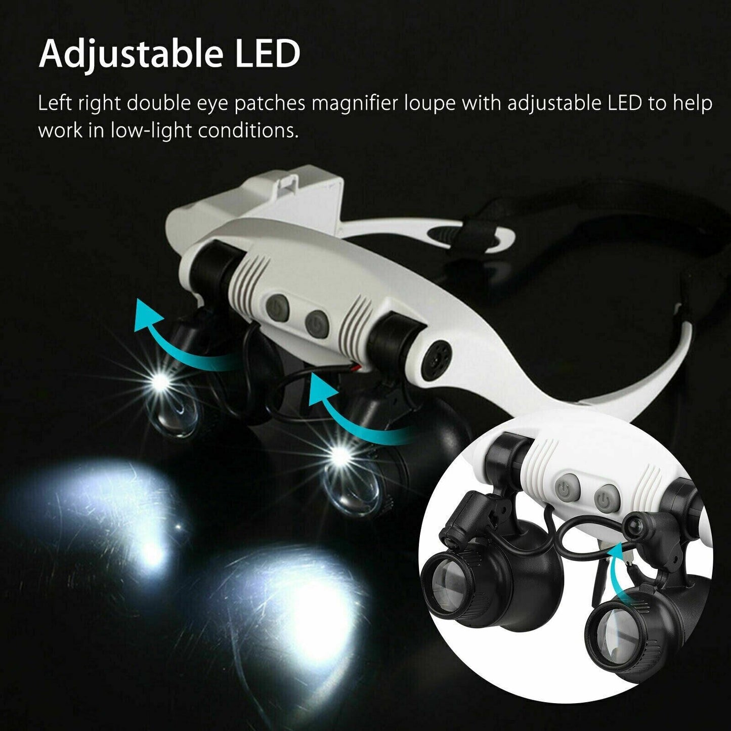Headband Magnifier with 4 Interchangeable Lenses and LED Light, 10x-25x Magnification