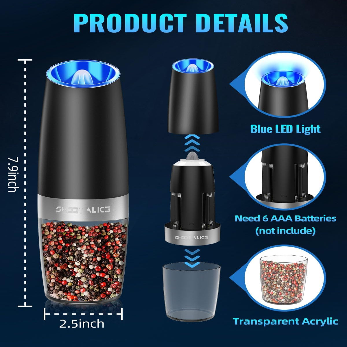 One-Hand Electric Spice Grinder with Gravity Sensor and LED Light