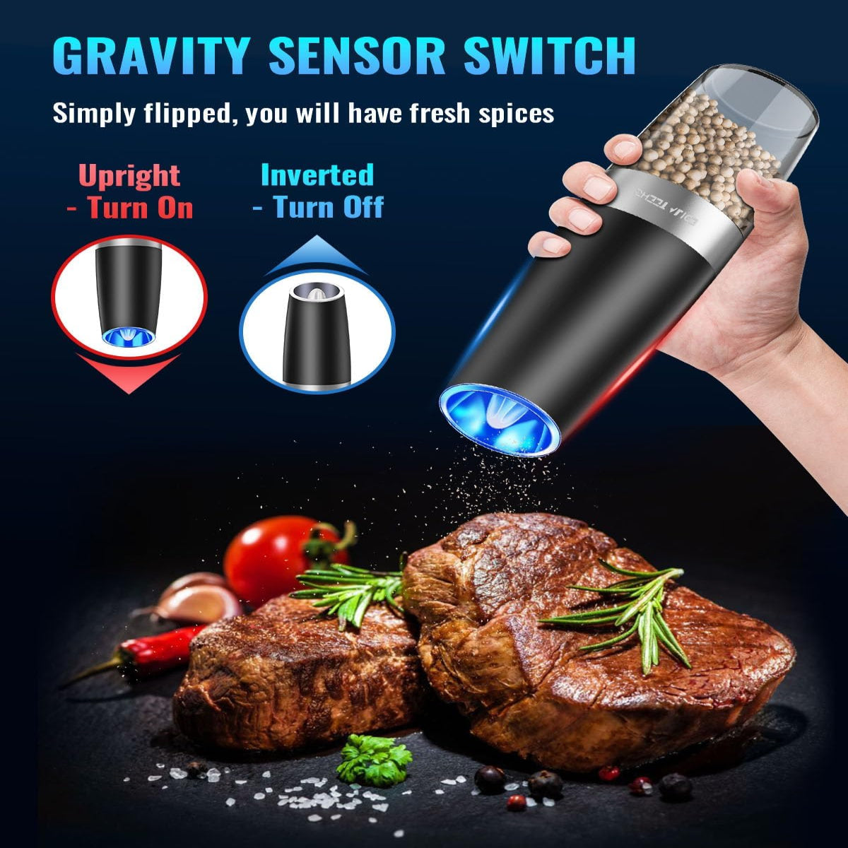 One-Hand Electric Spice Grinder with Gravity Sensor and LED Light