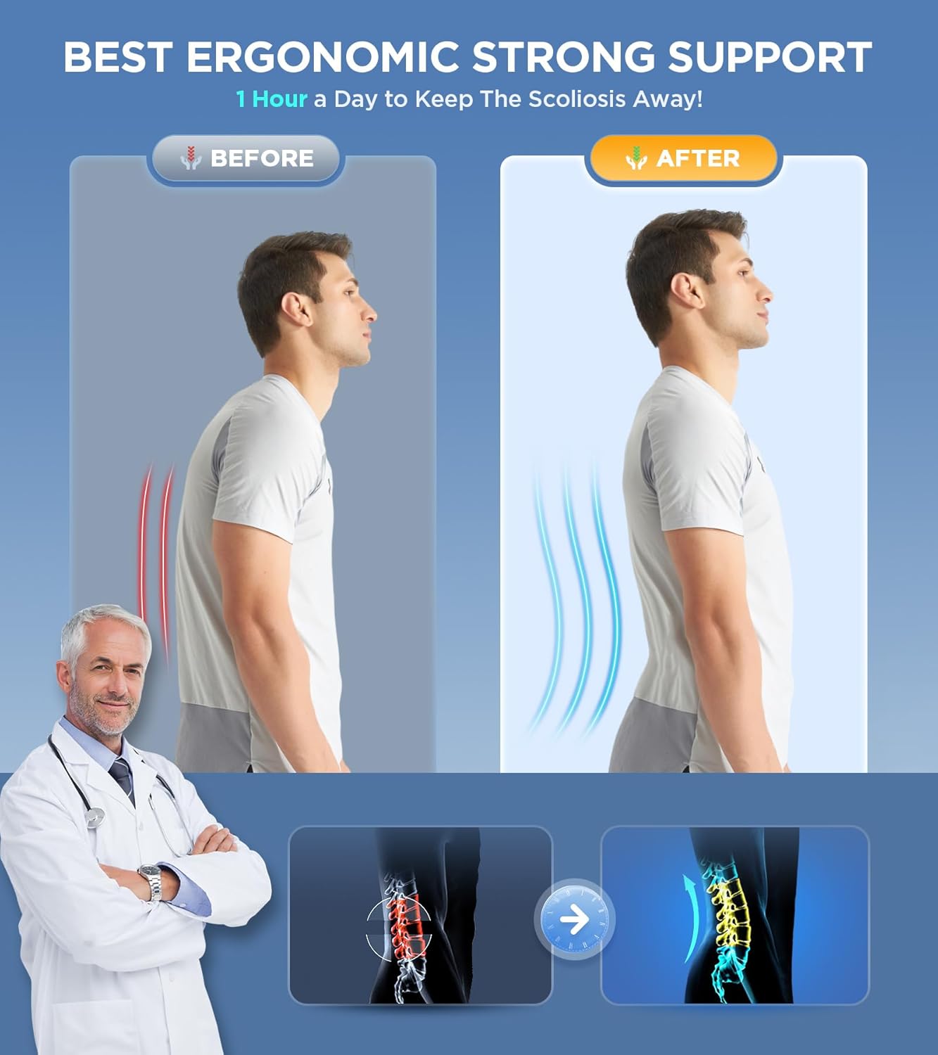 Lumbar Support Brace with 6-Strip System and 3D Massage Pad, Adjustable for Lower Back Pain
