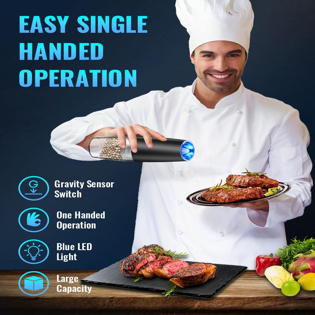 One-Hand Electric Spice Grinder with Gravity Sensor and LED Light