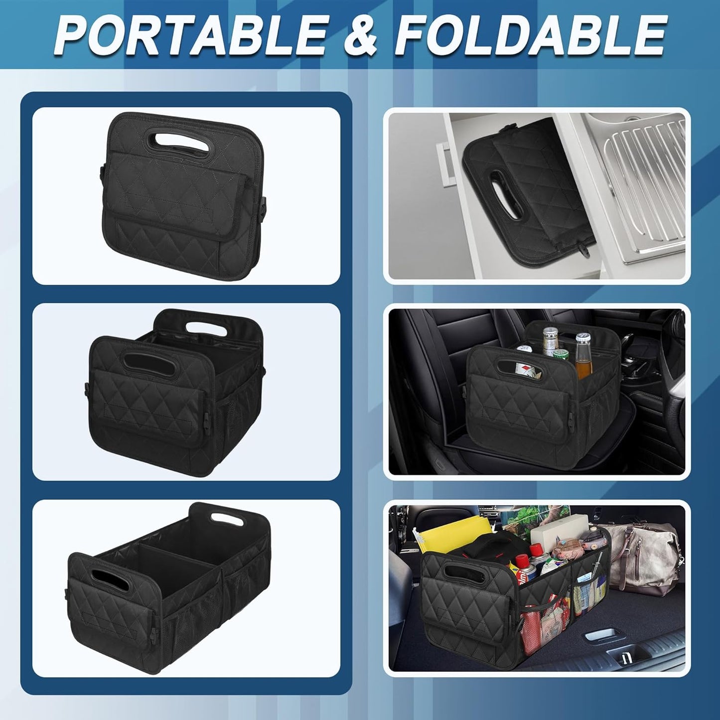 Foldable Car Trunk Organizer with Adjustable Dividers and Water Resistant Fabric