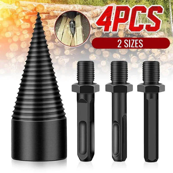 Wood Splitting Drill Bit with Threaded Design and High Carbon Steel, 3 Handle Adapters