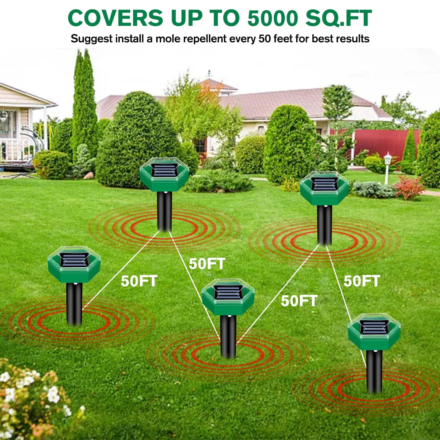 Solar Mole Repeller with Ultrasonic Vibration and Ground Spike, 465 Sq Ft Coverage