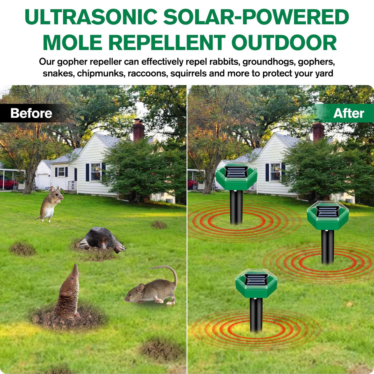 Solar Mole Repeller with Ultrasonic Vibration and Ground Spike, 465 Sq Ft Coverage