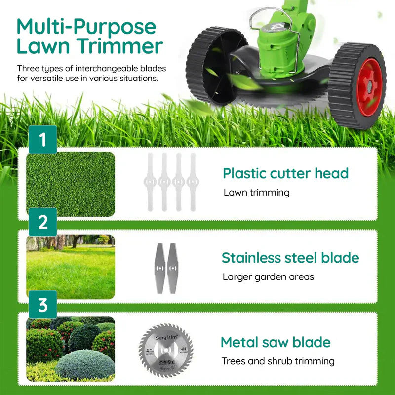 Cordless Grass Trimmer with 24V Motor and Three Interchangeable Blades