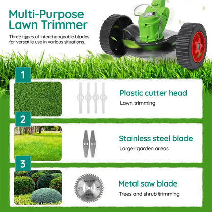 Cordless Grass Trimmer with 24V Motor and Three Interchangeable Blades