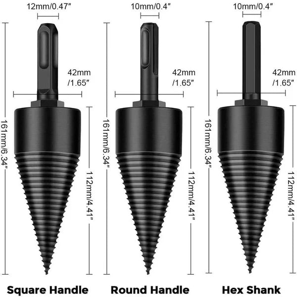 Wood Splitting Drill Bit with Threaded Design and High Carbon Steel, 3 Handle Adapters