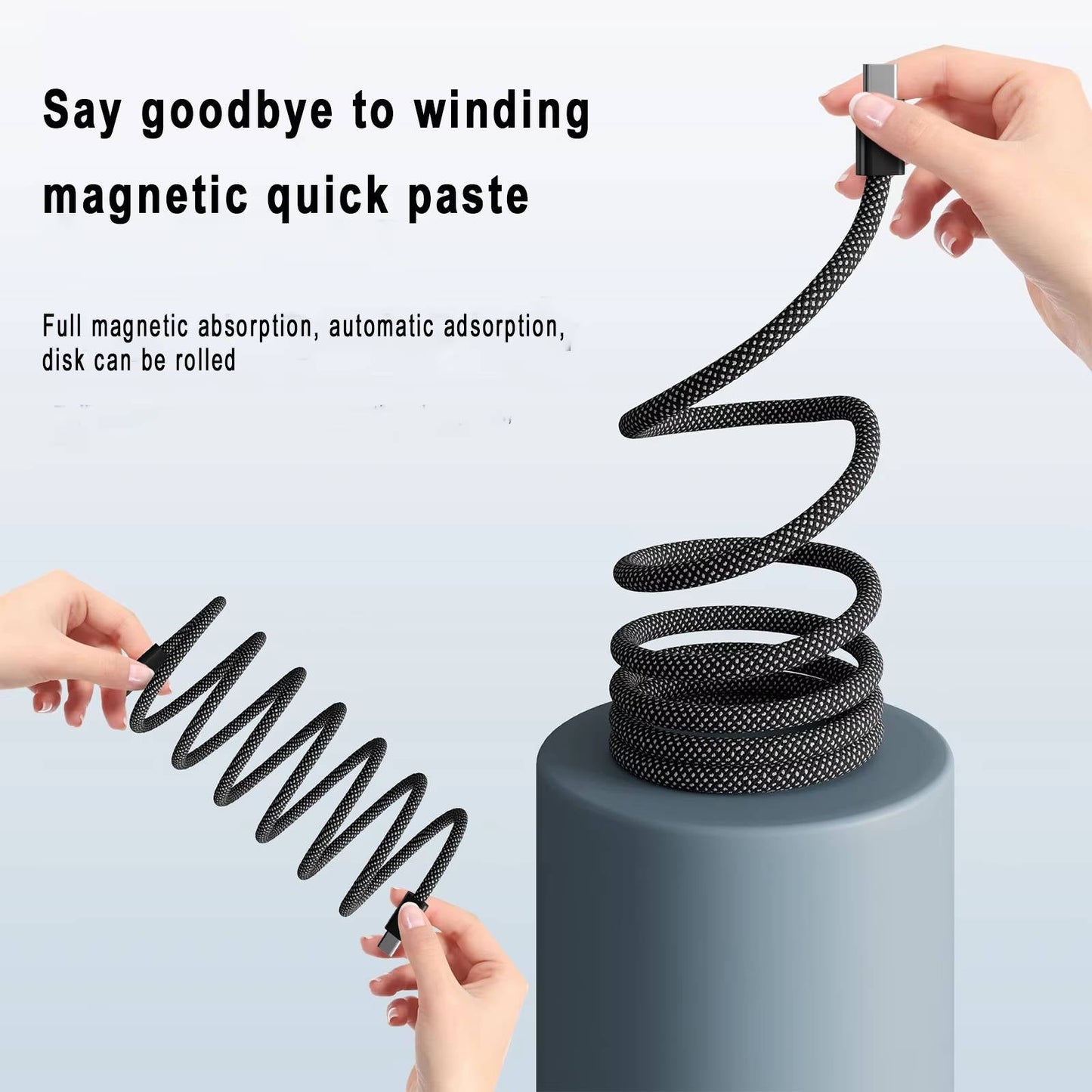 Self-Coiling Magnetic Charging Cable with Braided Protection and Interchangeable Tips