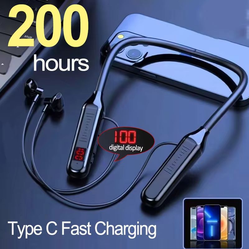 Wireless Neckband Earphones 5.3 – Waterproof Magnetic Sports Headset with LED Display & Stereo Sound