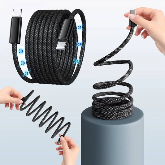Self-Coiling Magnetic Charging Cable with Braided Protection and Interchangeable Tips