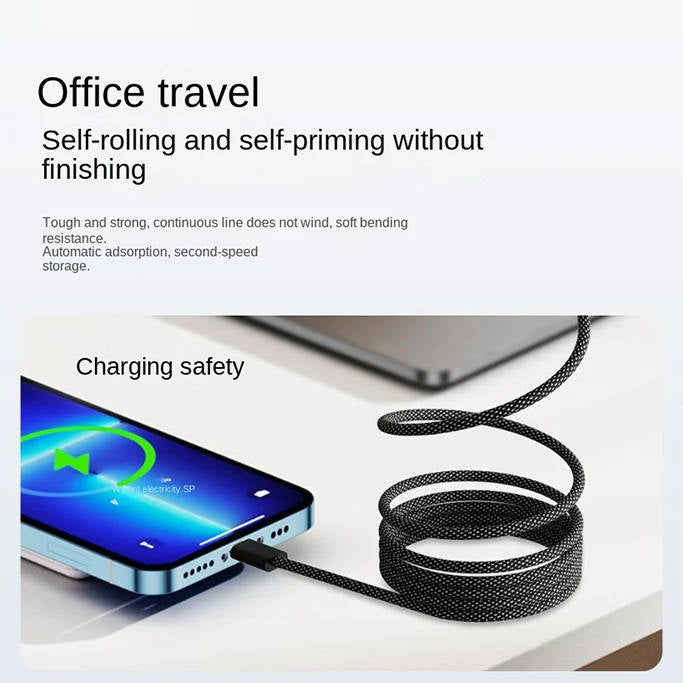 Self-Coiling Magnetic Charging Cable with Braided Protection and Interchangeable Tips