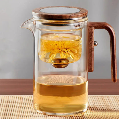 Glass Teapot with Water Separation Infuser and Wooden Handle