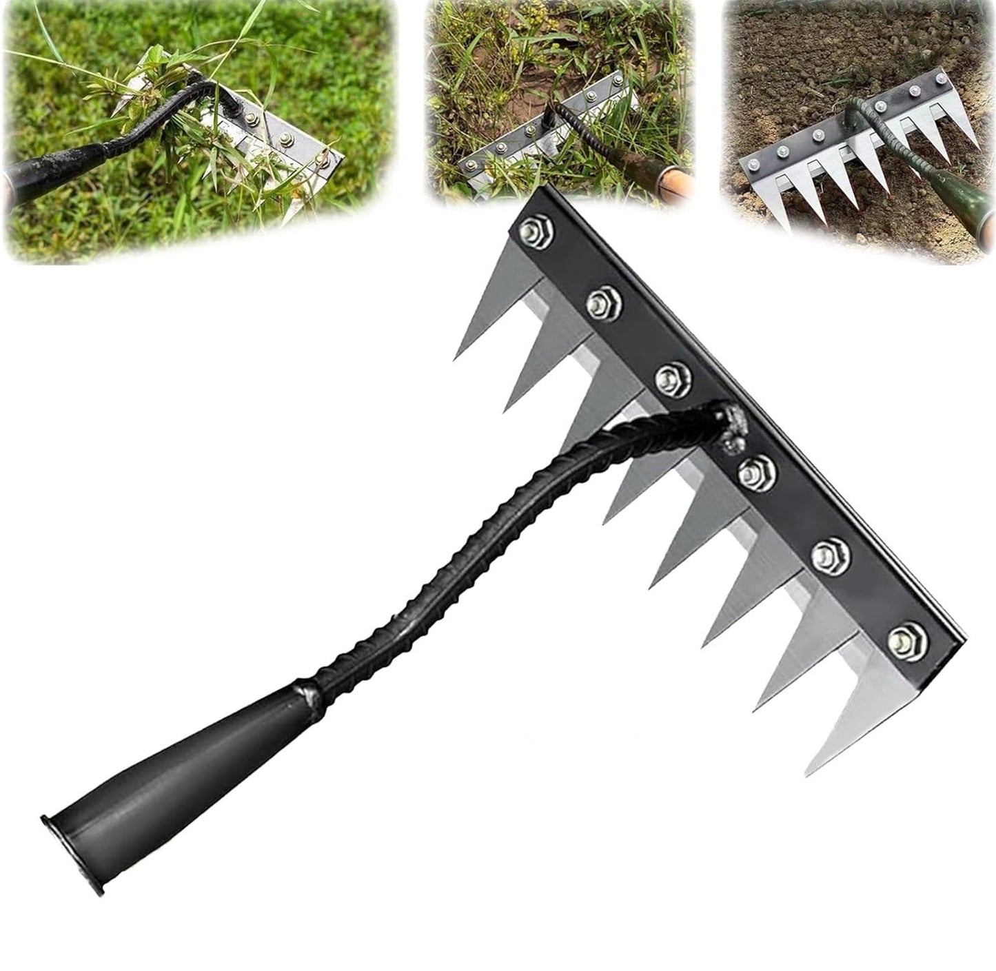 Hand Weeding Rake with Carbon Steel Tines and Soft Grip Handle