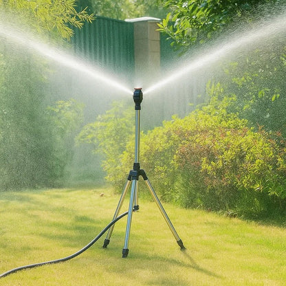 Rotating Garden Sprinkler with Adjustable Tripod Height and Dual Nozzles, 360-Degree Coverage