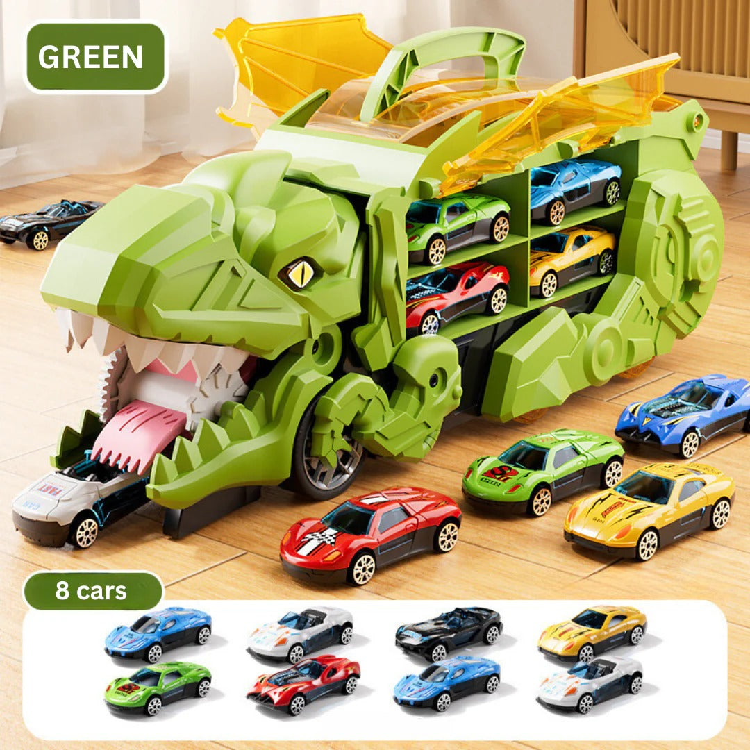 Transforming Dinosaur Truck with Dual Racing Tracks and Car Storage