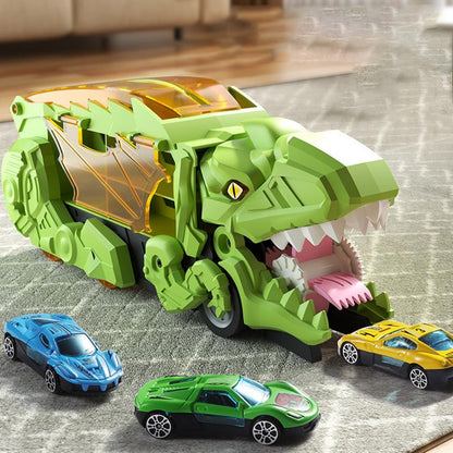 Transforming Dinosaur Truck with Dual Racing Tracks and Car Storage