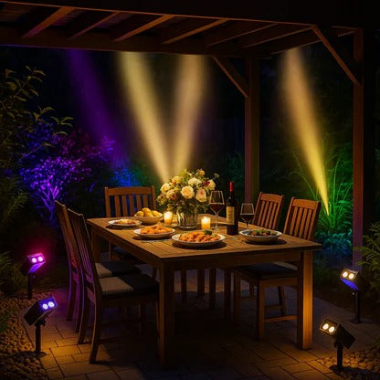 Outdoor Solar Spotlight with Adjustable Zoom Lens and RGB Color Modes