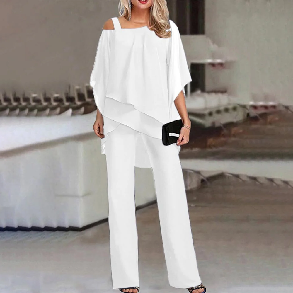 Women's Cold Shoulder Suit with Structured Seaming and Straight Leg Trousers