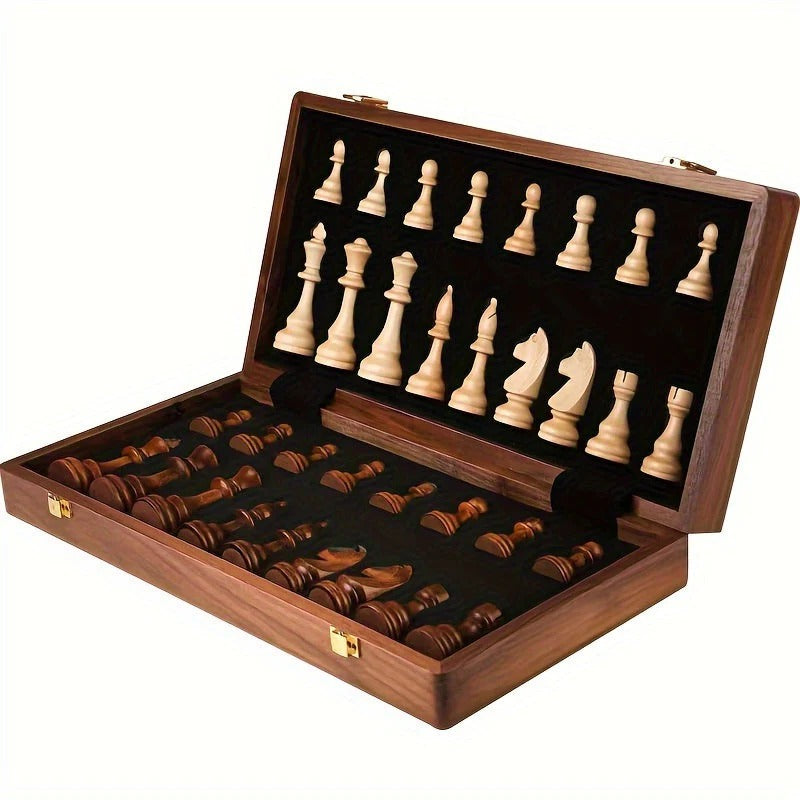 Brown Wooden Chess Set with 34 Pieces and Fixed Board, 15.7 Inch Square