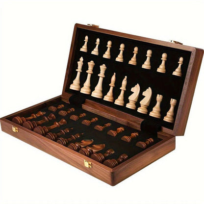 Brown Wooden Chess Set with 34 Pieces and Fixed Board, 15.7 Inch Square