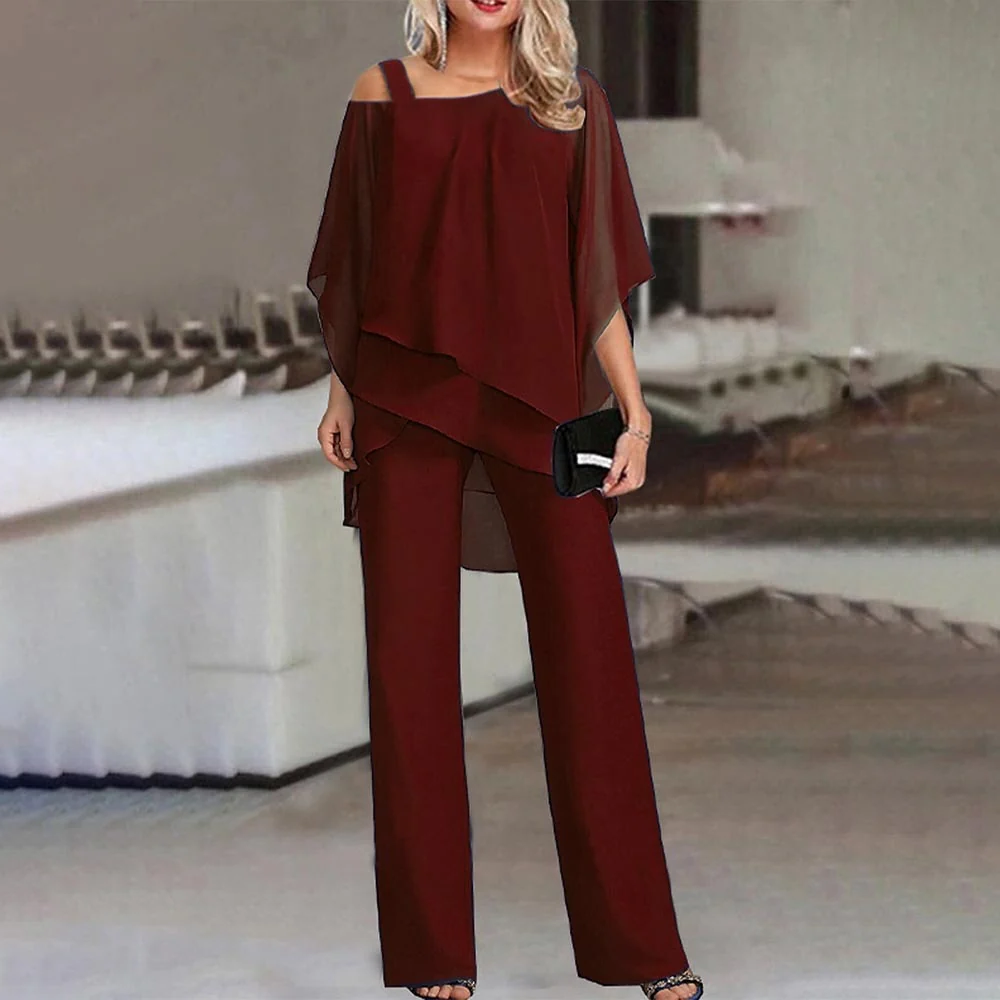 Women's Cold Shoulder Suit with Structured Seaming and Straight Leg Trousers