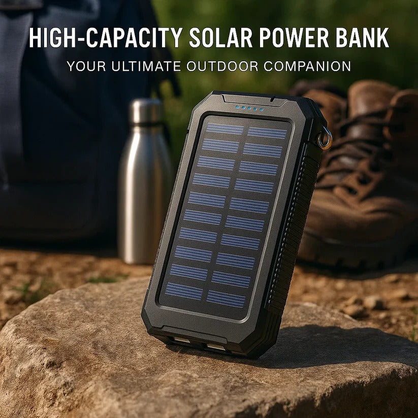 Portable Solar Power Bank with Dual Output Charging and LED Flashlights, Waterproof