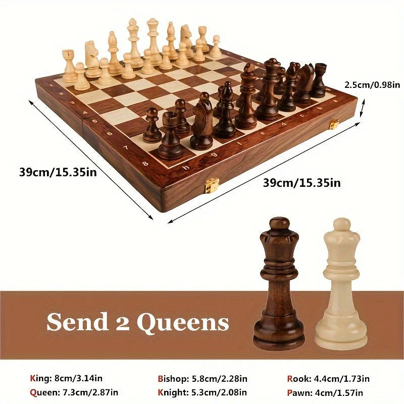 Brown Wooden Chess Set with 34 Pieces and Fixed Board, 15.7 Inch Square