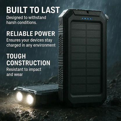Solar Power Bank with Dual USB Charging Ports and Built-In LED Flashlights, IP44 Waterproof