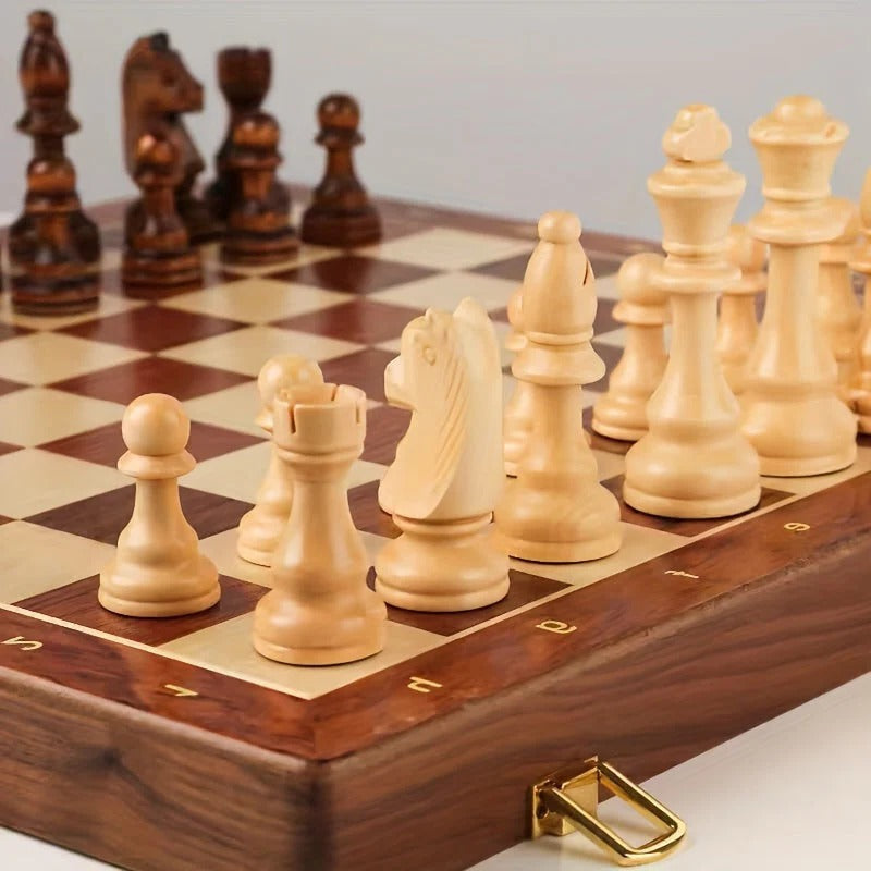 Brown Wooden Chess Set with 34 Pieces and Fixed Board, 15.7 Inch Square