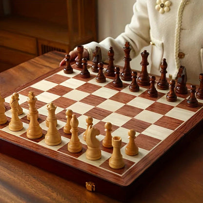Brown Wooden Chess Set with 34 Pieces and Fixed Board, 15.7 Inch Square
