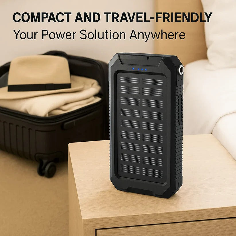 Solar Power Bank with Dual USB Charging Ports and Built-In LED Flashlights, IP44 Waterproof