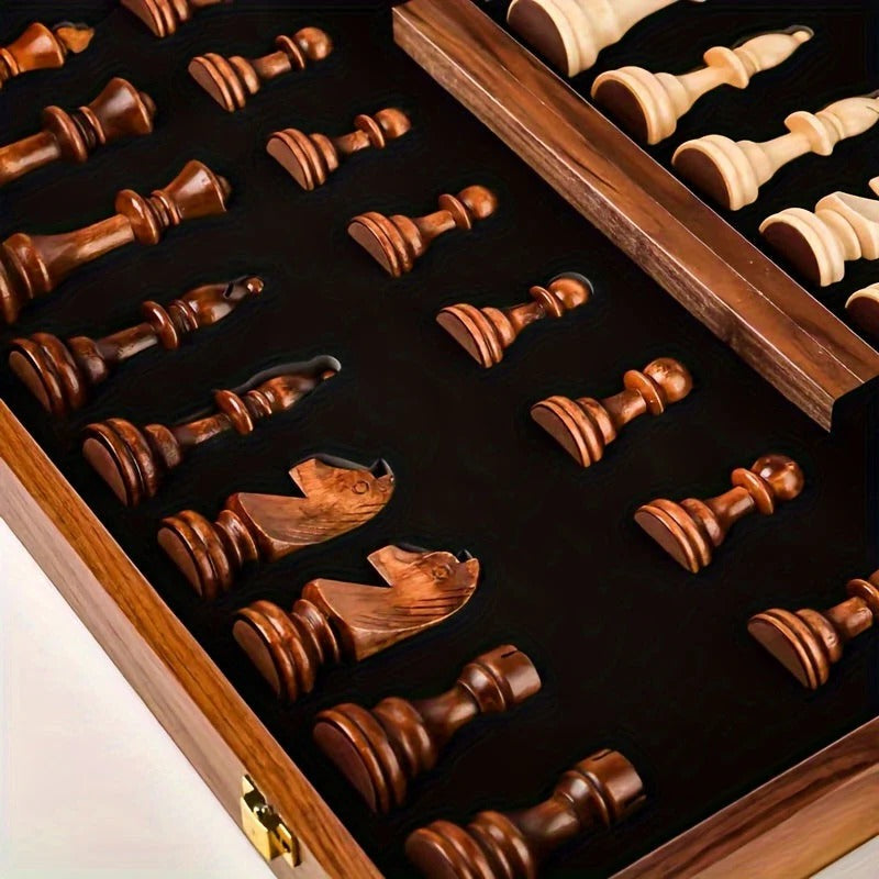Brown Wooden Chess Set with 34 Pieces and Fixed Board, 15.7 Inch Square