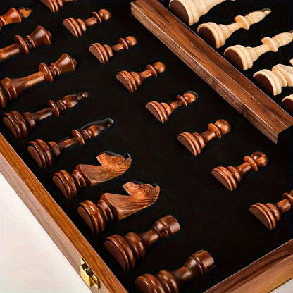 Brown Wooden Chess Set with 34 Pieces and Fixed Board, 15.7 Inch Square
