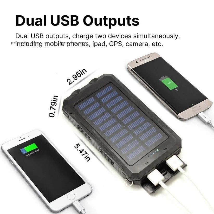 Portable Solar Power Bank with Dual Output Charging and LED Flashlights, Waterproof