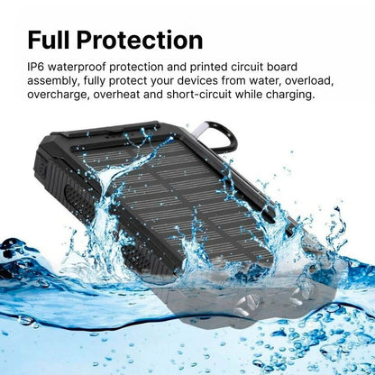 Solar Power Bank with Dual USB Charging Ports and Built-In LED Flashlights, IP44 Waterproof