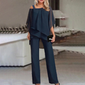 Women's Cold Shoulder Suit with Structured Seaming and Straight Leg Trousers