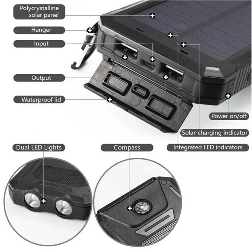 Portable Solar Power Bank with Dual Output Charging and LED Flashlights, Waterproof