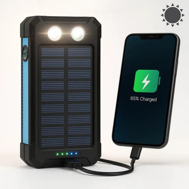 Portable Solar Power Bank with Dual Output Charging and LED Flashlights, Waterproof