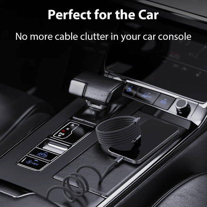 Self-Coiling Magnetic Charging Cable with Braided Protection and Interchangeable Tips